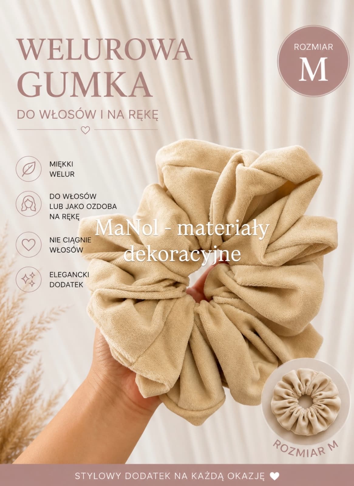 Welurowa gumka do włosów - Rozmiar M ciepły beż — welurowa na wesele, Welur, ciepły beż — miniatura MaNol