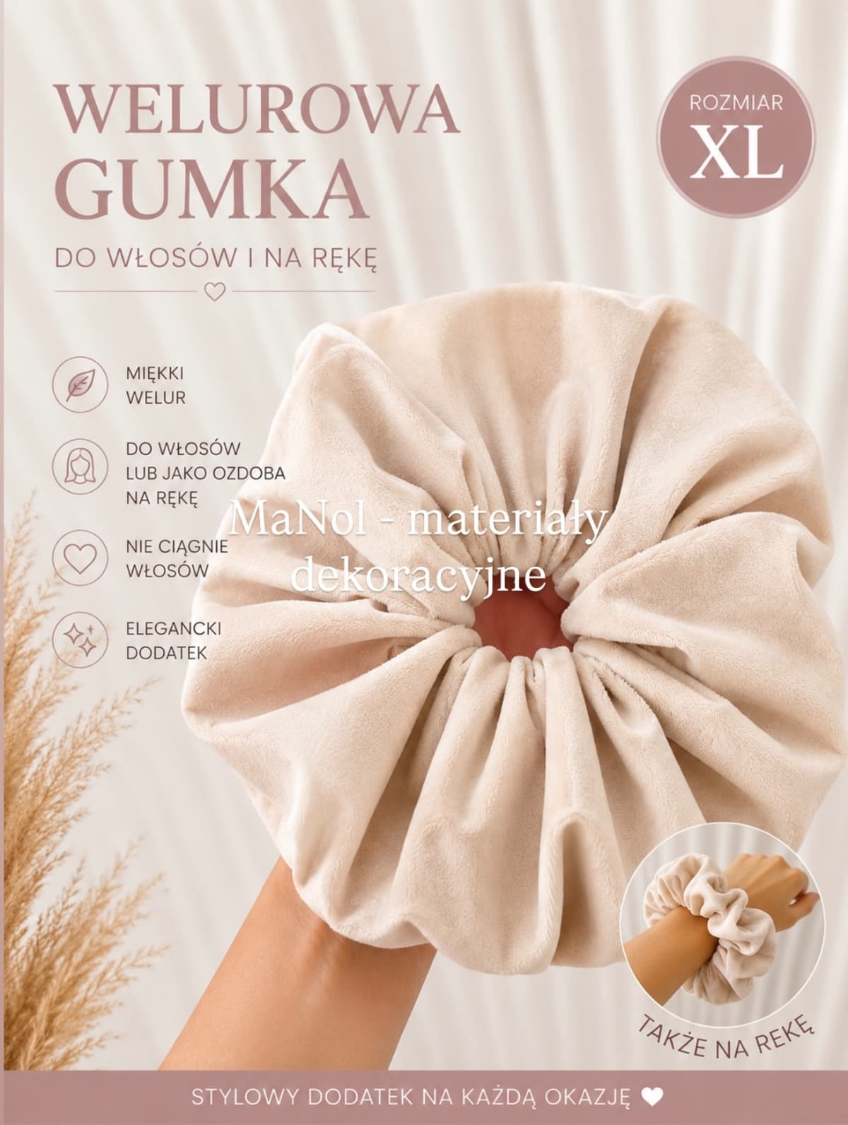Welurowa gumka do włosów - rozmiar XL jasny beż — welurowa na wesele, Welur, jasny beż — miniatura MaNol
