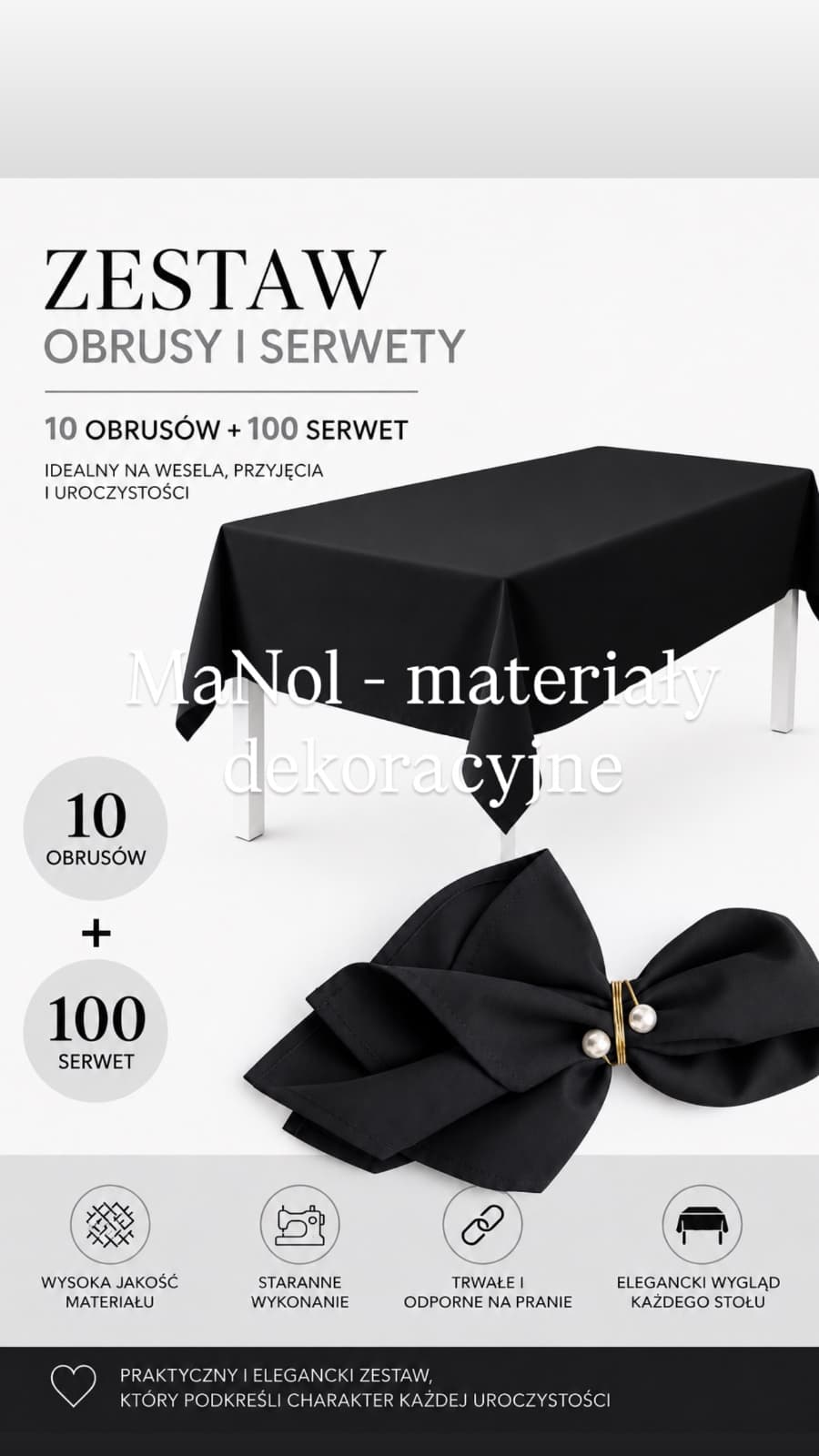 zestaw - czarny 100 serwet + 10 szt obrus 150x300 — zestaw na wesele, panama, czarny — miniatura MaNol