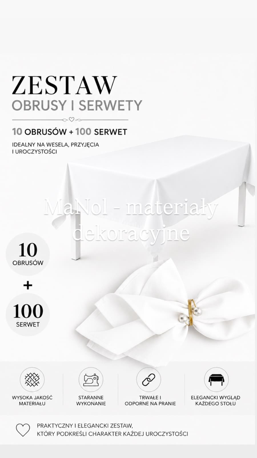 Zestaw biały - 100 serwet + 10 szt obrus 150x300 — zestaw na wesele, Panama, biały — miniatura MaNol