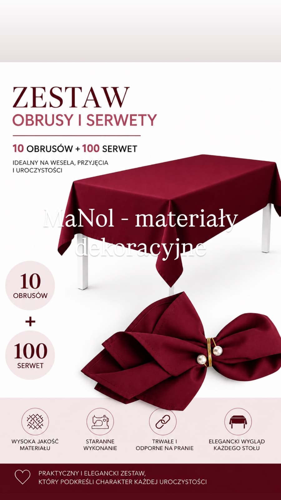 Zestaw - bordowy 100 serwet + 10 szt obrus 150x300 — zestaw na wesele, Panama, bordowy — miniatura MaNol