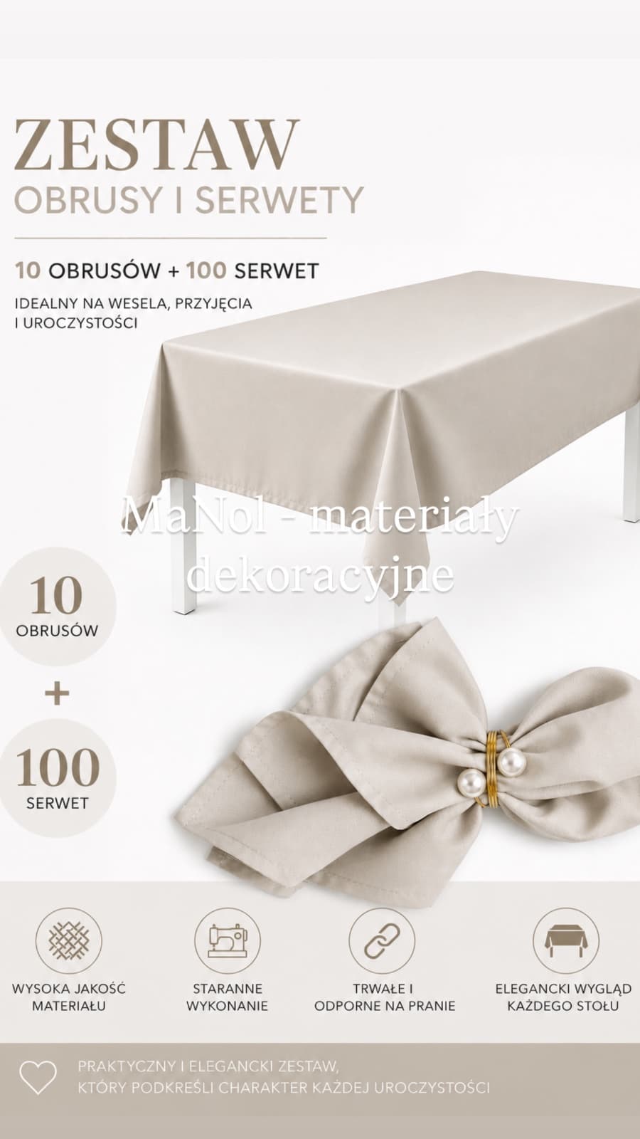 Zestaw chłodny beż - 100 serwet + 10szt obrus 150x300 — zestaw na wesele, Panama, chłodny beż — miniatura MaNol