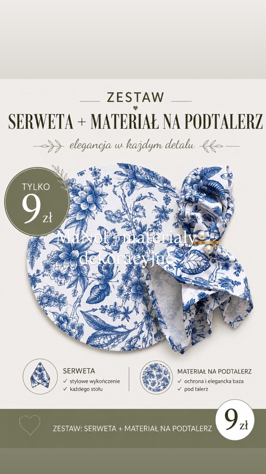 Serweta + materiał na podtalerz - niebieski wzór — serweta na wesele, Panama, niebiesko-biały — miniatura MaNol