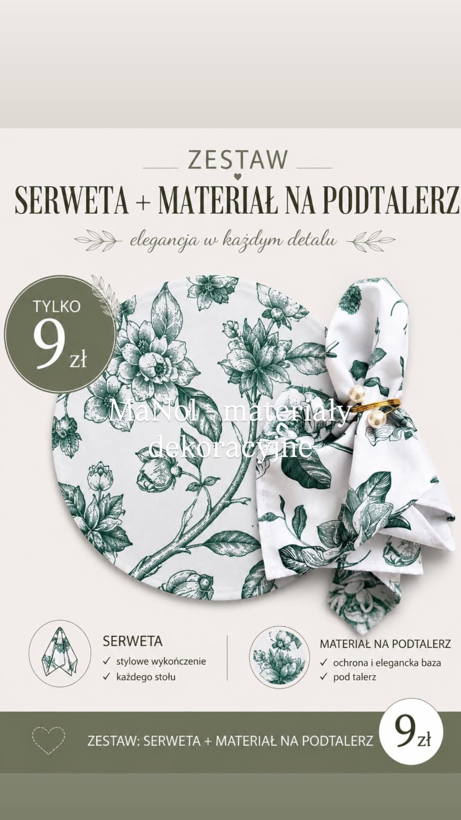 Serweta + materiał na podtalerz zielony wzór — serweta na wesele, Panama, Zielono - biały — miniatura MaNol