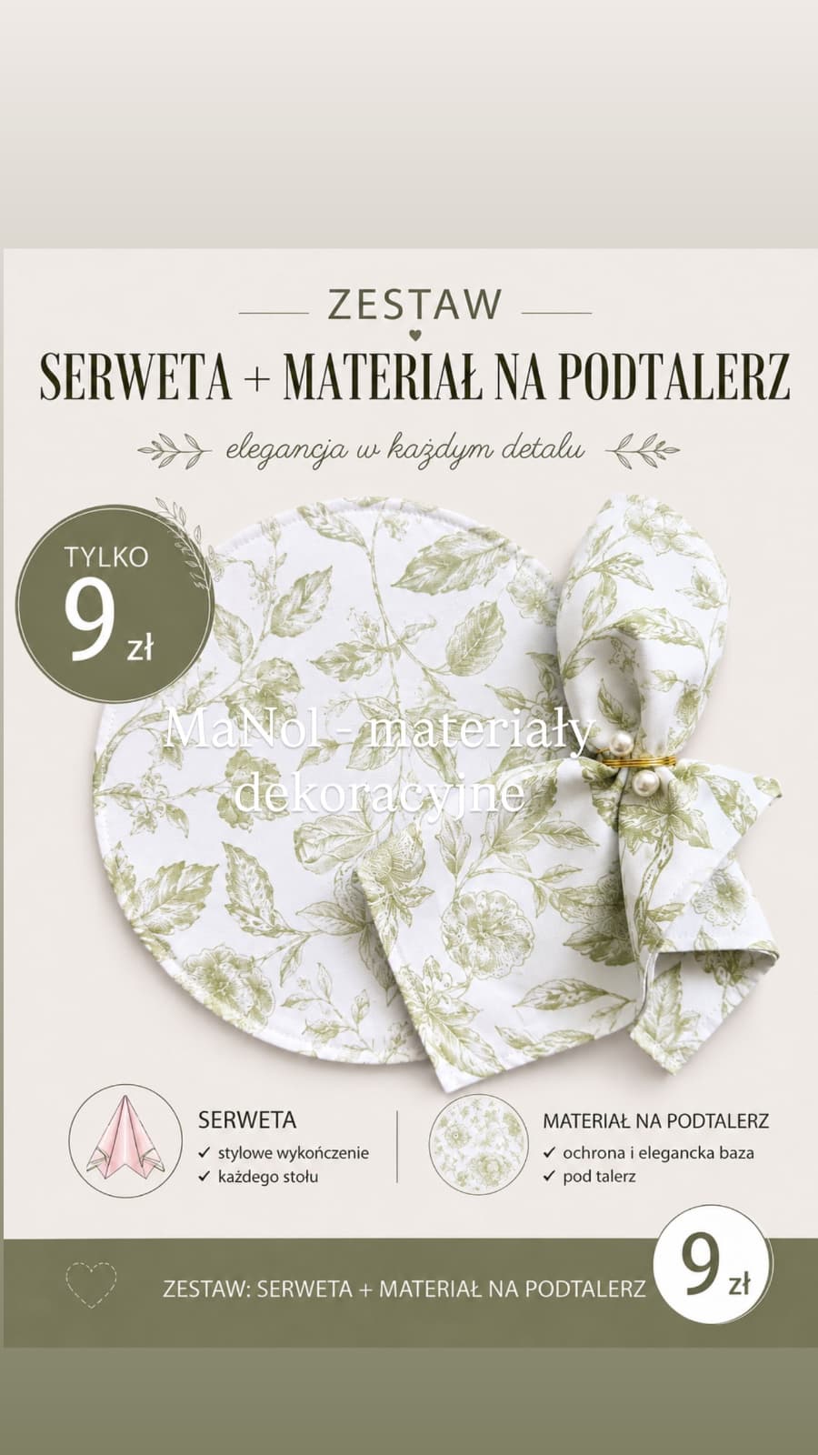 Zestaw serweta + materiał na podtalerz - pistacjowy wzór — zestaw na wesele, Panama, pistacjowo-biały — miniatura MaNol
