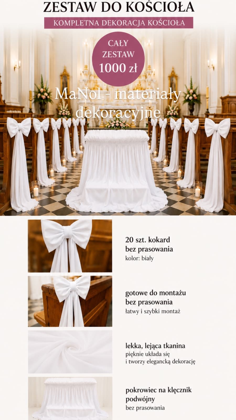 Zestaw do kościoła | 20 kokard ITY + pokrowiec na klęcznik podwójny ITY — zestaw na wesele, Ity, Biały — miniatura MaNol