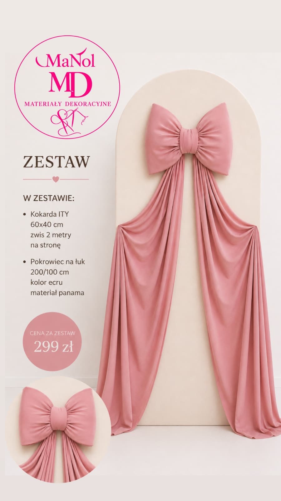 Zestaw ecru + przygaszony róż - Kokarda ITY 60x40 | Pokrowiec na łuk 200x100 — zestaw na wesele, Ity | panama, przygaszony róż | ecru — miniatura MaNol