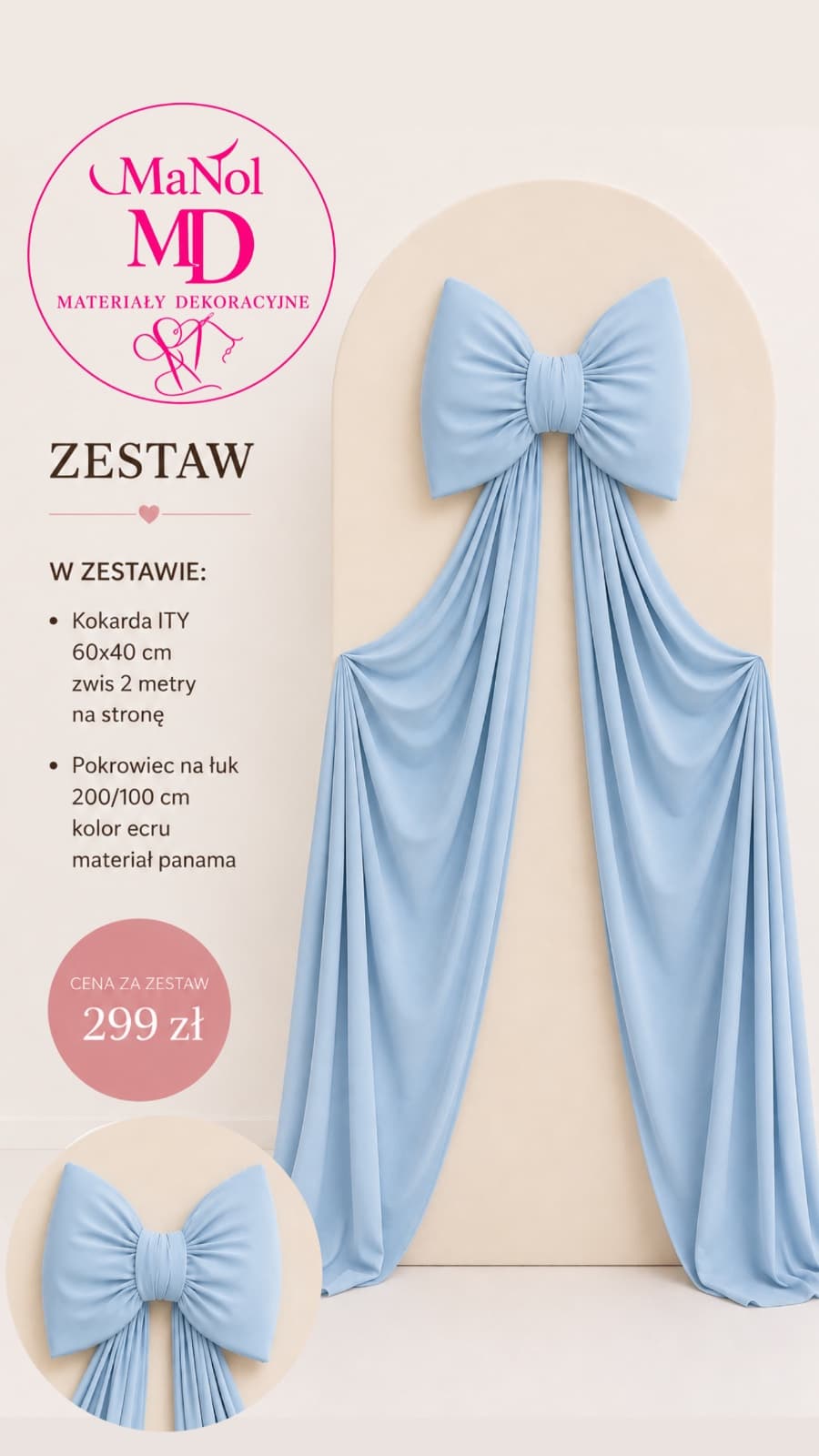 Zestaw ecru + błękit - Kokarda ITY 60x40 | Pokrowiec na łuk 200x100 ecru — zestaw na wesele, Ity | panama, Błękitny | ecru — miniatura MaNol