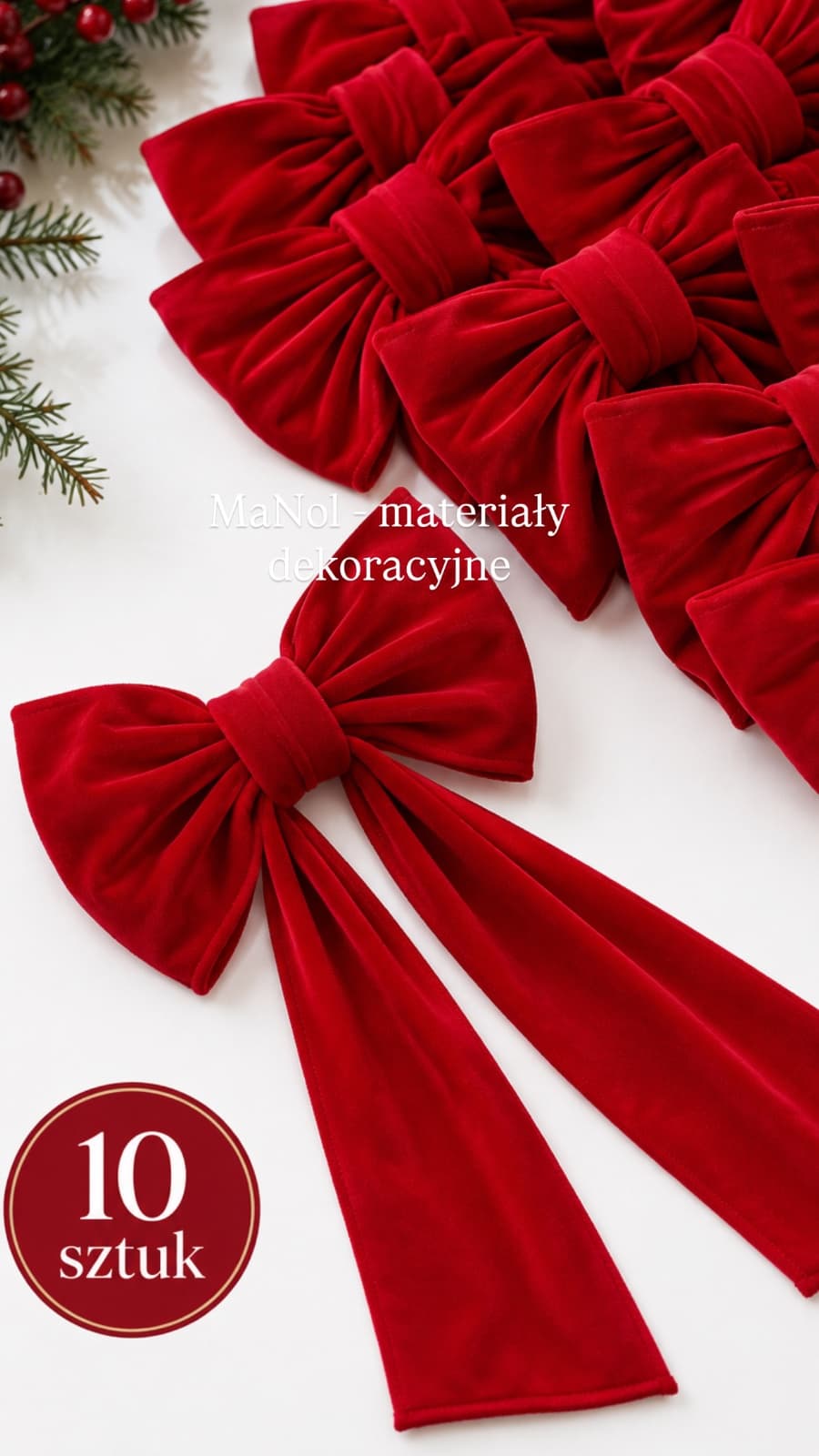 Zestaw czerwonych kokard welur 10 szt - 15x20, zwis 30 cm na stronę — zestaw na wesele, Welur, czerwony — miniatura MaNol