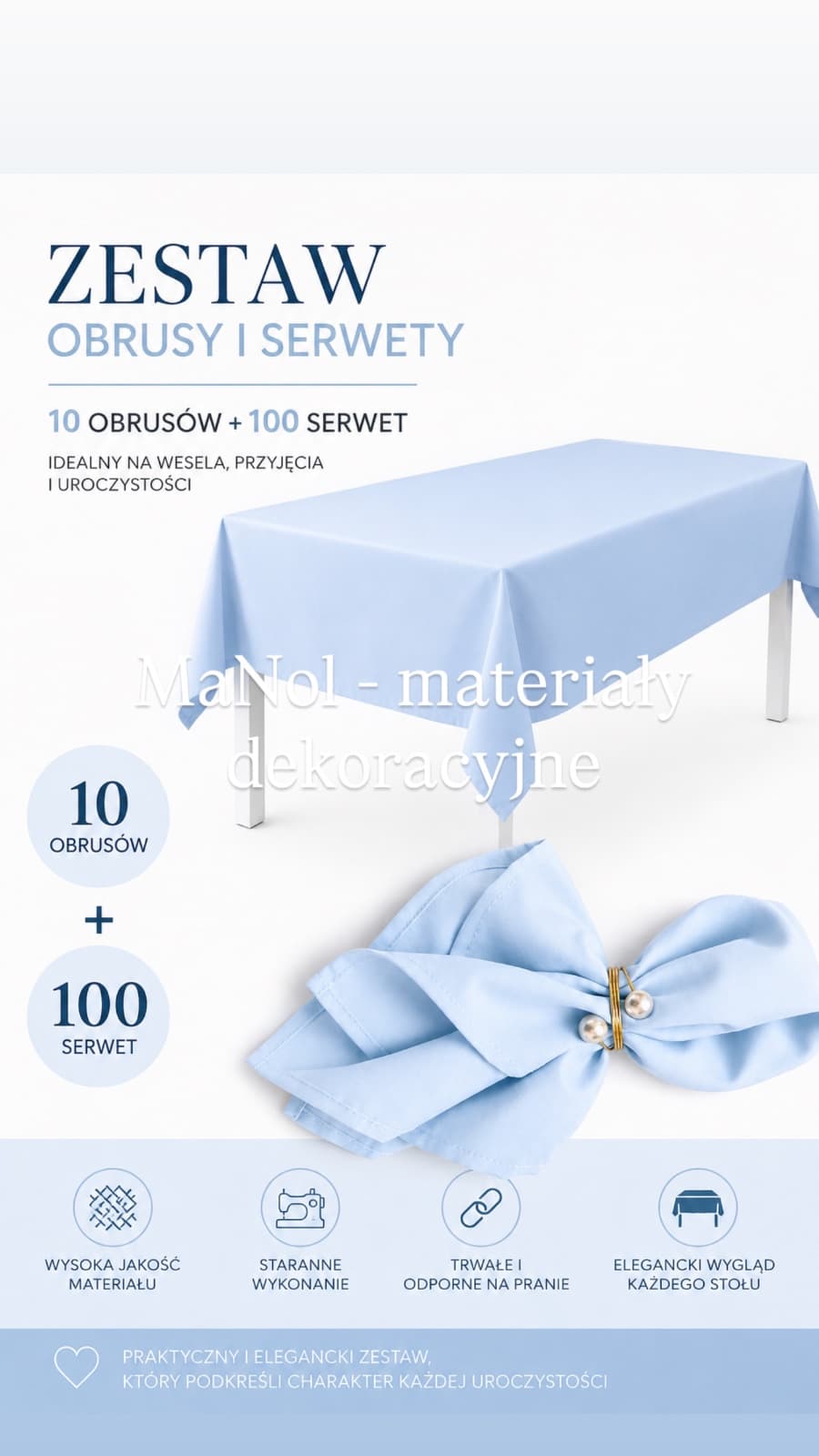 Zestaw błękitny - 100 serwet + 10 szt obrus 150x300 — zestaw na wesele, Panama, błękitny — miniatura MaNol