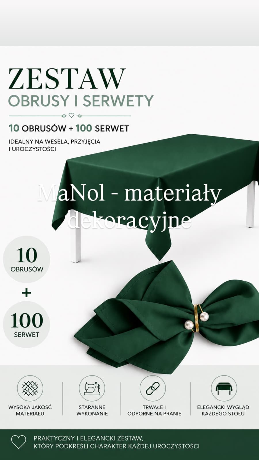 Zestaw - butelkowa zieleń 100 serwet + 10 szt obrusów 150x300 — zestaw na wesele, Panama, butelkowa zieleń — miniatura MaNol