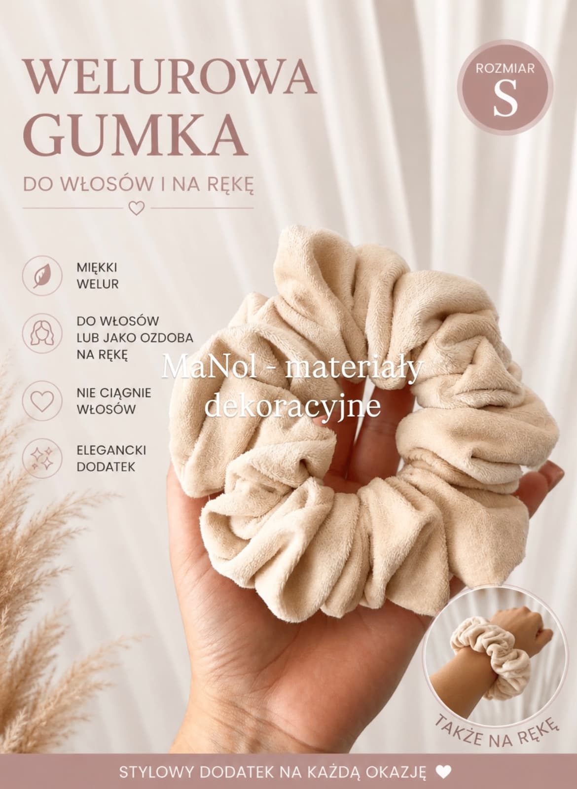 Zestaw 3 szt gumek do włosów Welur - ciepły beż S-XL — zestaw na wesele, Welur, Ciepły beż — miniatura MaNol