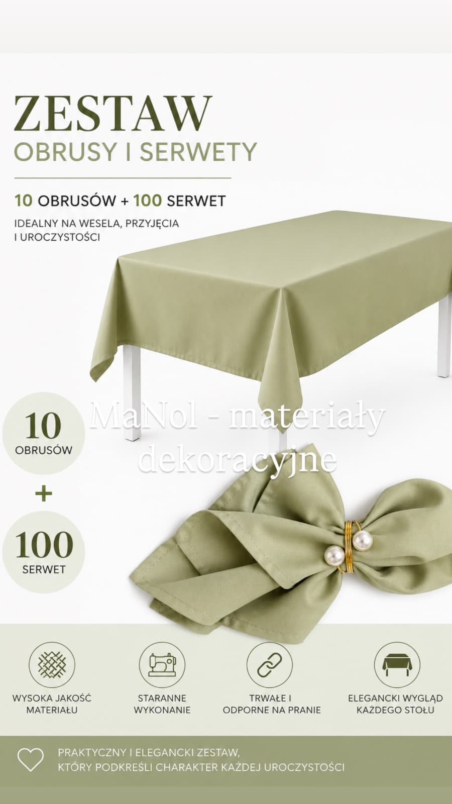Zestaw pistacja - 100 szt serwet + 10 szt obrus 150x300 — zestaw na wesele, Panama, pistacjowy — miniatura MaNol
